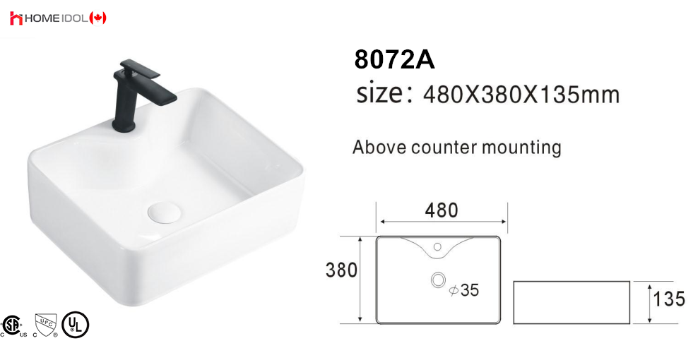 8072A art basin square bathroom sink topmount with single hole faucet 480x375x130mm = 19"x15"x5" $49