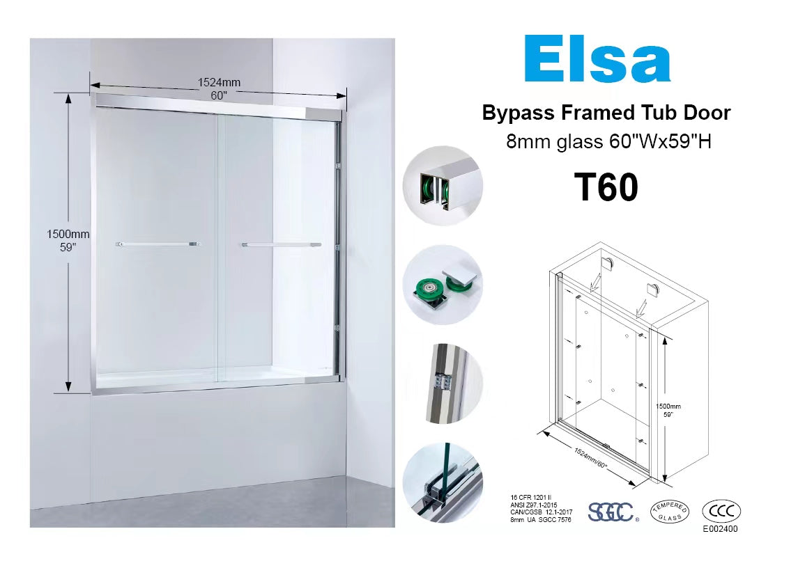 T60/TT60 8mm framed tub door 5'x5' / 60"x59" 1524MMX1500MM  $239/pc Bulk Deal 10PCS+ $219/PC