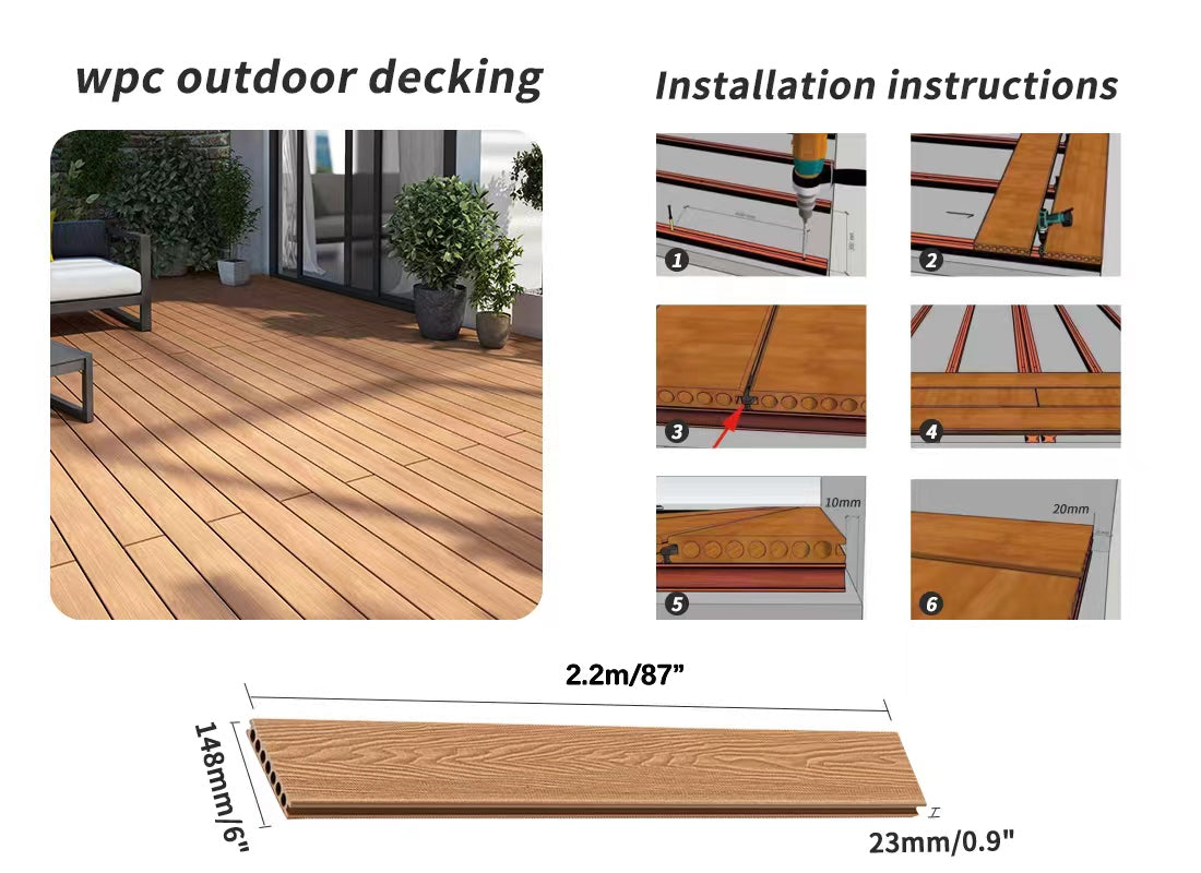*PROMOTION* WPC Decking Composite C4 Deck Boards deck plank Sandy Brown AL-K150-25D DOUBLE FACED (one side wide groove, one side wood grave) 2200X148X23MM 87"X6"X0.9" 3.7SF/PC $14.76/PC(=$3.99/SF)