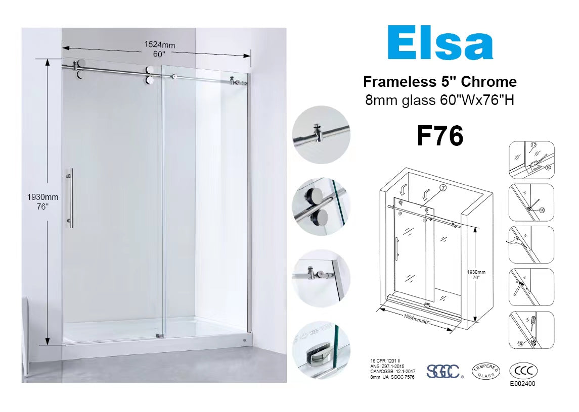 F76/FF76 Upgrade 8mm chrome frameless shower door 5'x6'/1524X1930mm/60"x76" with Wall Profile and magnet door strip prevent water leaking $269