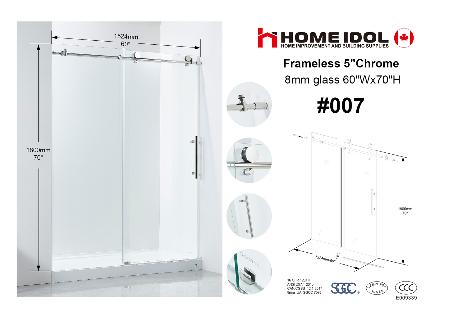 Promotion  #007 Frameless Shower door 8mm glass 5'x6'(1524*1800MM) NO WALL PROFILE NO MAGNET STRIPS CANNOT PREVENT LEAKING $199/PC