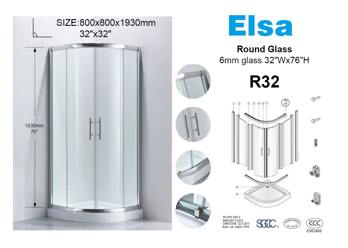 glass+ base 8mm Chrome corner shower combo round 9066B(32"x32"/800x800mm)+R32/S32(32"Dx32"Wx76"H) $349/set BULK DEAL 10PCS+ $329/PC