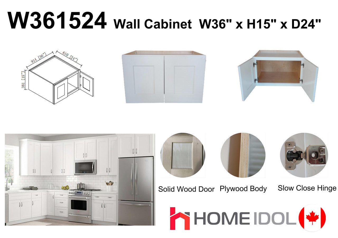 W361524 36" Plywood white shaker wall kitchen cabinet fridgetop 36"w*15"h*24"d  3LFx$100LF=$300 *Tax Included Item 12% off*