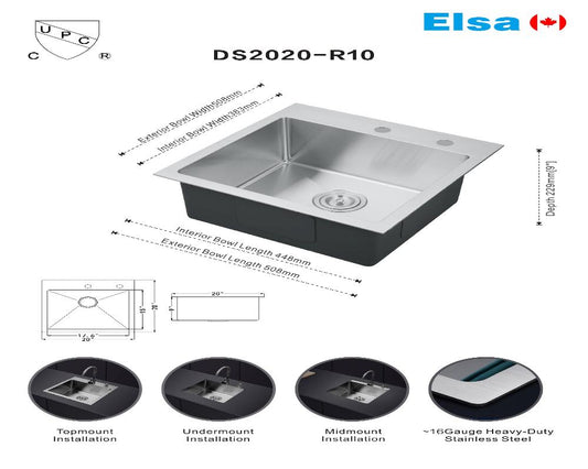 DS2020-R10/5050 handmade single bowl kitchen sink topmount 16 gauged 508x508x228mm (20"x20"x9") inside 17-5/8"x15-1/8"x9" *DRAINS INCLUDED* $119/PC AI