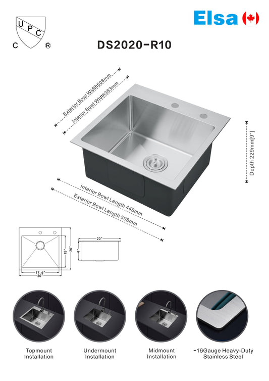*Bulk Deal* BROWN BOX handmade kitchen sink DS2020-R10/5050 topmount single bowl 16 gauged (include drain and strainer)508x508x228mm (20"x20"x9") inside 17-5/8"x15-1/8"x9"  $129/PC bulk Deal 10pcs+ $119/pc