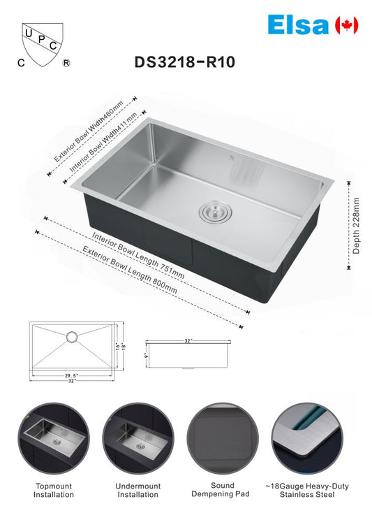 *NO BOX* DS3218-R10 handmade single bowl kitchen sink undermount 16 gauged 800x460x250mm (31-1/2"x18"x10") inside 29-1/2"x16.18"x10" *Final Sale No Return No Exchange* - Home Idol Vancouver Richmond Surrey