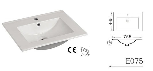 E75/75E *top only* square bathroom sink topmount 755X465X170mm =30" x 18-5/16" x 6-3/4" $69/pc 10pcs+ $59/pc A5