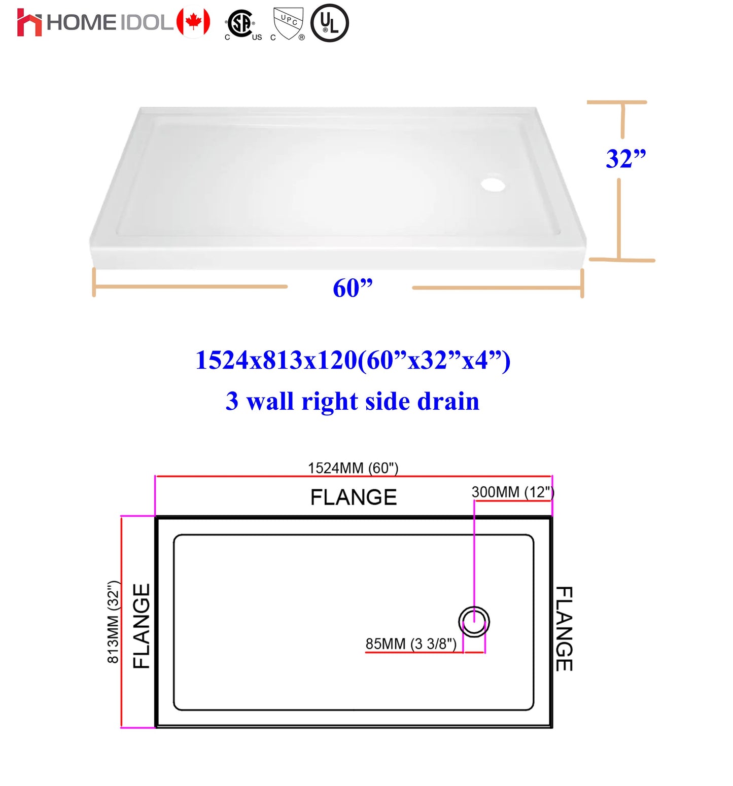 5' B-7703R/5011R acrylic shower base 3 walls RIGHT drain 60"x32"X4.7"/1524x813X120mm (single threshold) $139.99/PC A4 *Non-Profit First Come First Serve* AI - Home Idol Vancouver Richmond Surrey