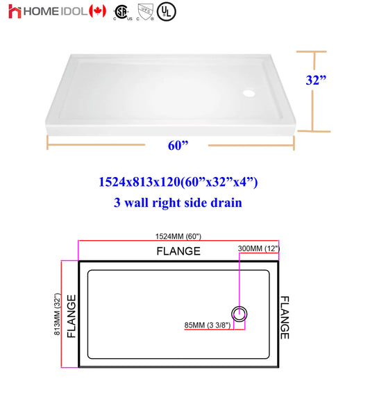 5' B-7703R/5011R acrylic shower base 3 walls RIGHT drain 60"x32"X4.7"/1524x813X120mm (single threshold) $139.99/PC A4 *Non-Profit First Come First Serve Don't Miss the Boat* AI