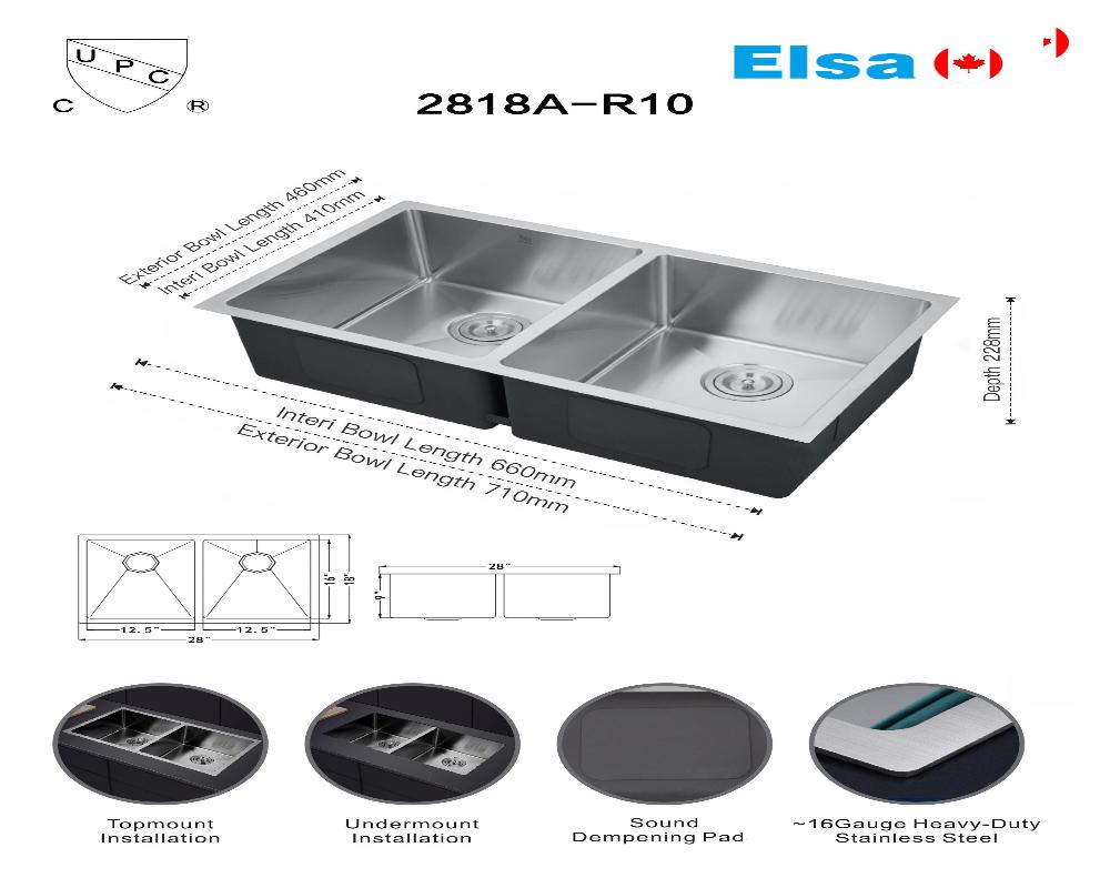 Flyer DS2818A-R10/7146 A+ handmade double bowl kitchen sink undermount 710x460x250mm exterior 28"x18"x10" interior 26"x16"x9" *DRAINS INCLUDED* $149/pc