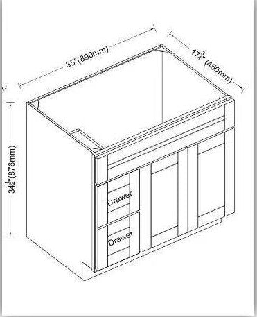 36" Vanity Left Drawer $299 VSD36L white plywood body solid wood door 878mmH x 876mmW x 450mmD 34-5/8"W x 34-1/2"H x 17-3/4"D *Non-Profit First Come First Serve Don't Miss the Boat*