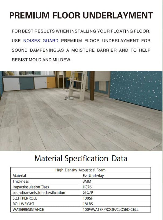 floor soundproof underlay 3mm eva underlay high density foam IIC 86 STC 88 $0.14/SF 100sf/roll $13.99/roll 10rolls+ $12.99/roll A3 - Home Idol Vancouver Richmond Surrey