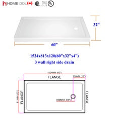 5' B-7703R/5011R acrylic shower base 3 walls RIGHT drain 60"x32"X4.7"/1524x813X120mm (single threshold) $139/PC A4 *Non-Profit First Come First Serve*