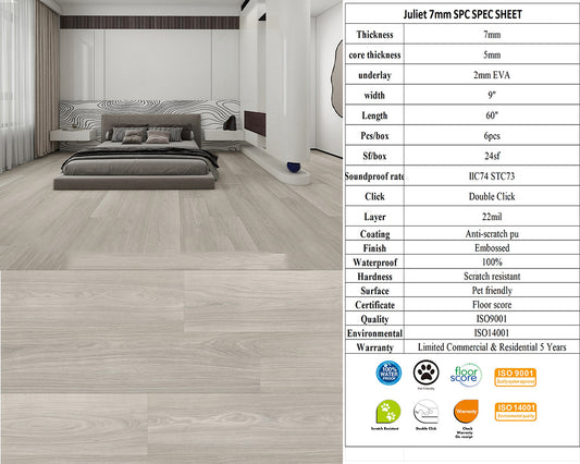 7mm Ironman SPC FLOORING Waterproof Luxury Vinyl 60"x 9" (5mm+2mm) Pad 6PCs/24SF/BOX $1.29/sf 1000sf+ $1.19/sf