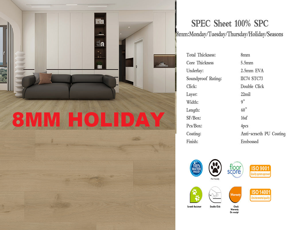 8mm Holiday SPC FLOORING Waterproof Luxury Vinyl 60"x 9" (5.5mm+2.5mm) Pad 4PCs/16SF/BOX $1.49/SF 1000SF+ $1.39/SF  AI