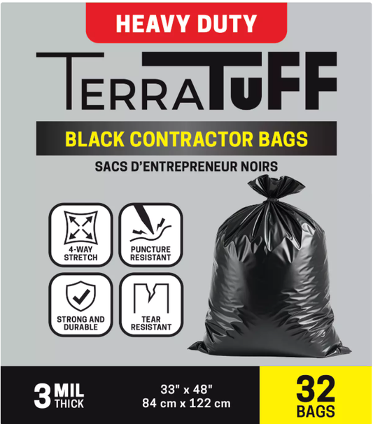 TERRATUFF CONTRACTOR GARBAGE BAGS 3mil 33"X48"(840x1200mm) 3MM 32BAGS/BOX $25.99/BOX 10BOXES+ $24.99/BOX# (128box/pallet)