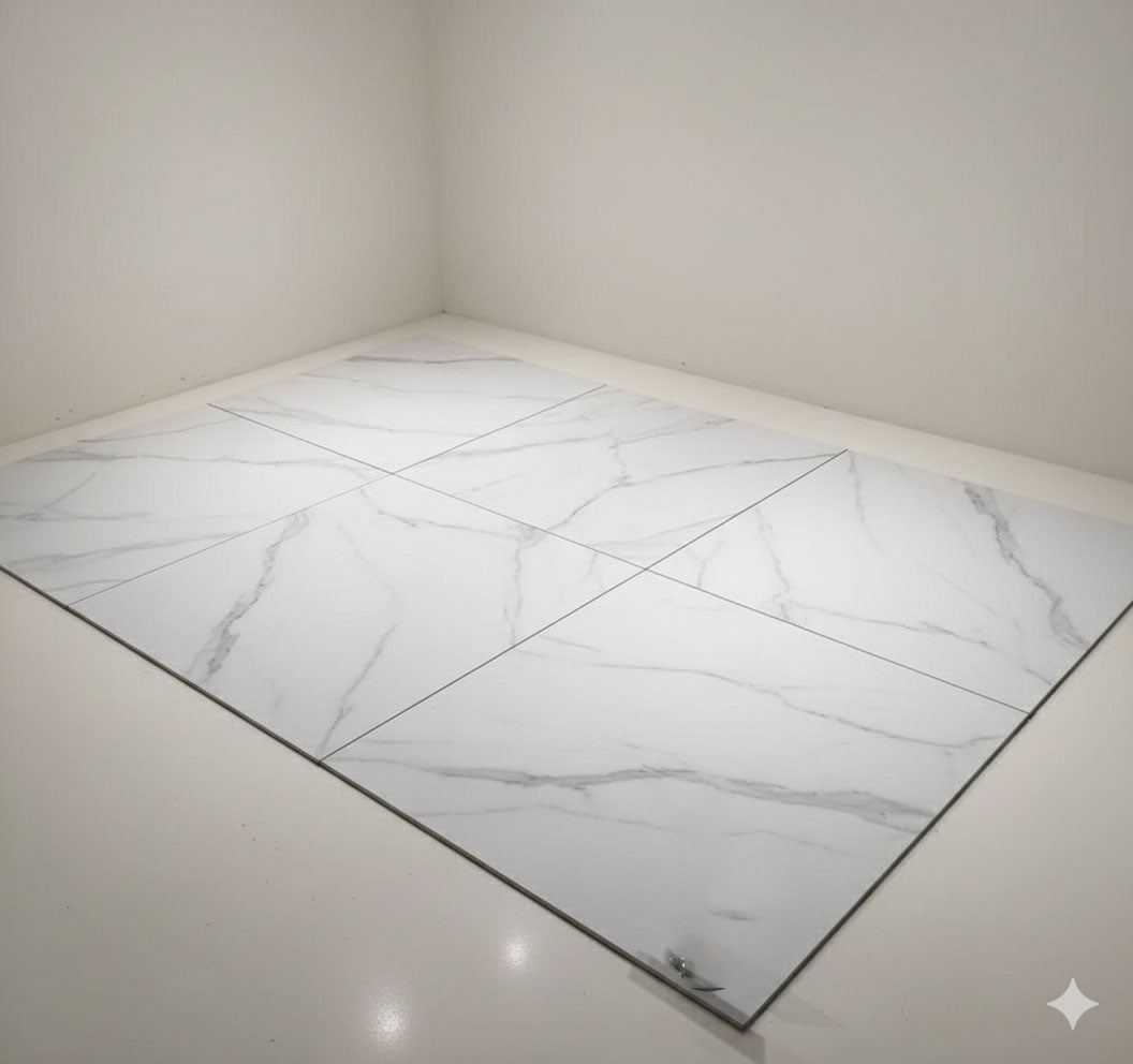 TT66077 24"x24" Matt Porcelain Tile White Carrara 4pcs/box 16sf/box $1.19/sf 2000sf+ $1.09/sf 4000sf+ $0.99/sf (Final Sale No Return No Exchange No Claim) - Home Idol Vancouver Richmond Surrey