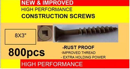 Construction Screw Square recess, flat head with 4 nibs under head cut thread hardened brown ruspert #8x3" 800pcs/box $19.50/box