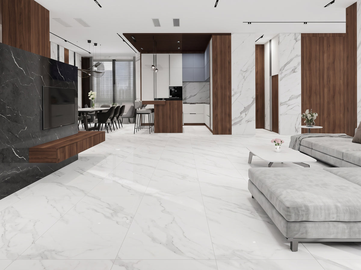 5D Calacatta 24"x48" Matt Porcelain Tile White Carrara 2pcs/16sf/box $1.49/SF 3000sf+ $1.39/sf (No Return No Exchange No Claim on Broken)