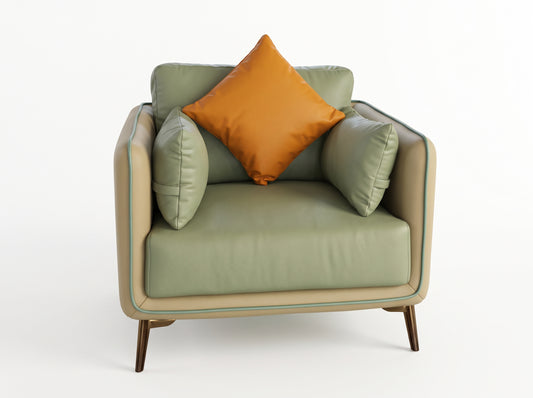 S066 Single Sofa modern light green armchair with an orange accent pillow $99 *Non-Profit First Come First Serve On Sale Don't Miss the Boat*