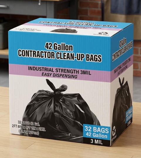 42 Gallon 3mil Heavy Duty Contractor Black Clean-up Garbage Bag with Flap Tie 32pcs/box $19.99/box 10boxes+ $18.99/box AI phase 1