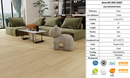 8263 8MM SPC FLOORING Waterproof Luxury Vinyl with pad 1524x230x5.5mm+2.5mm Pad 4PCs/16SF/BOX $1.59/SF 3000SF+ $1.49/SF Honest Price(No Fancy Showroom No Golddigger No Kickback) A2