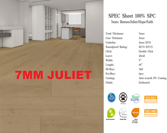 7mm Juliet SPC FLOORING Waterproof Luxury Vinyl 60"x 9" (5mm+2mm) Pad 6PCs/24SF/BOX $1.19/sf 2000sf+ $1.09/sf 4000sf+ $0.99/sf