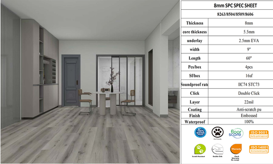 8mm 8504 Vinyl Click 8MM Waterproof Luxury SPC flooring 230X1500x5.5mm+2.5mm eva pad (9"w*60"h*8mm thickness) 4PCs/16SF/BOX $1.59/SF 3000SF+ $1.49/SF Honest Price(No Fancy Showroom No Golddigger No Kickback) A2.5