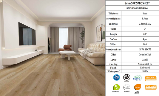 8mm 8509 Vinyl Click 8MM Waterproof Luxury SPC flooring 230X1500x5.5mm+2.5mm eva pad (9"w*60"h*8mm thickness) 4PCs/16SF/BOX $1.59/SF 3000SF+ $1.49/SF Honest Price(No Fancy Showroom No Golddigger No Kickback) A2