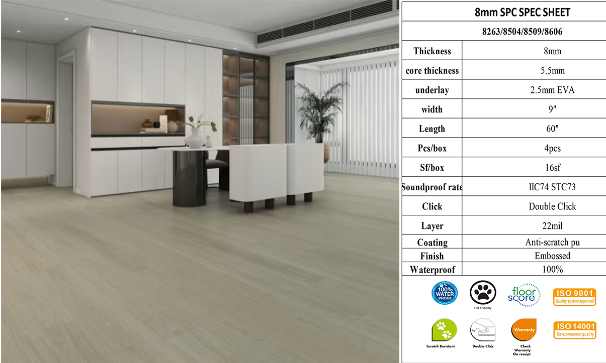 8mm 8606 Vinyl Click 8MM Waterproof Luxury SPC flooring 230X1500x5.5mm+2.5mm eva pad (9"w*60"h*8mm thickness) 4PCs/16SF/BOX $1.59/SF 3000SF+ $1.49/SF Honest Price(No Fancy Showroom No Golddigger No Kickback) A2.5