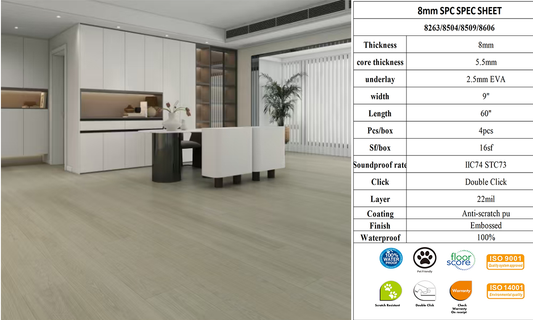 8mm 8606 Vinyl Click 8MM Waterproof Luxury SPC flooring 230X1500x5.5mm+2.5mm eva pad (9"w*60"h*8mm thickness) 4PCs/16SF/BOX $1.59/SF 3000SF+ $1.49/SF Honest Price(No Fancy Showroom No Golddigger No Kickback) A2.5