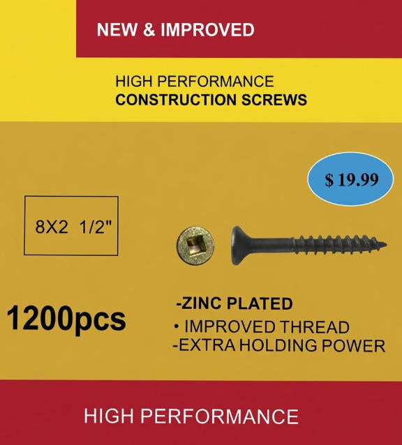Yellow zinc plated construction Screw square recess #8x2-1/2" 1200pcs/box $19.99/box - Home Idol Vancouver Richmond Surrey