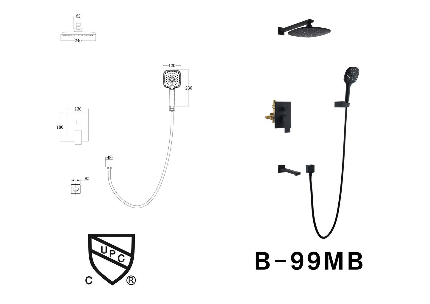 S-99MB matt black shower combo (with shut off no pex fitting) $169/SET 10SETs+ $149/SET A8