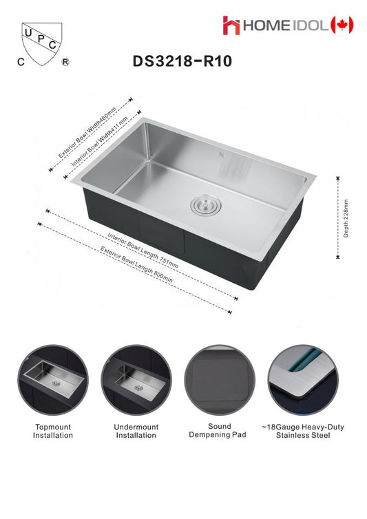 *NO BOX DRAIN NOT INCLUDE* DS3218-R10 handmade single bowl kitchen sink undermount 16 gauged 800x460x250mm (31-1/2"x18"x10") inside 29-1/2"x16.18"x10" *Final Sale No Return No Exchange*