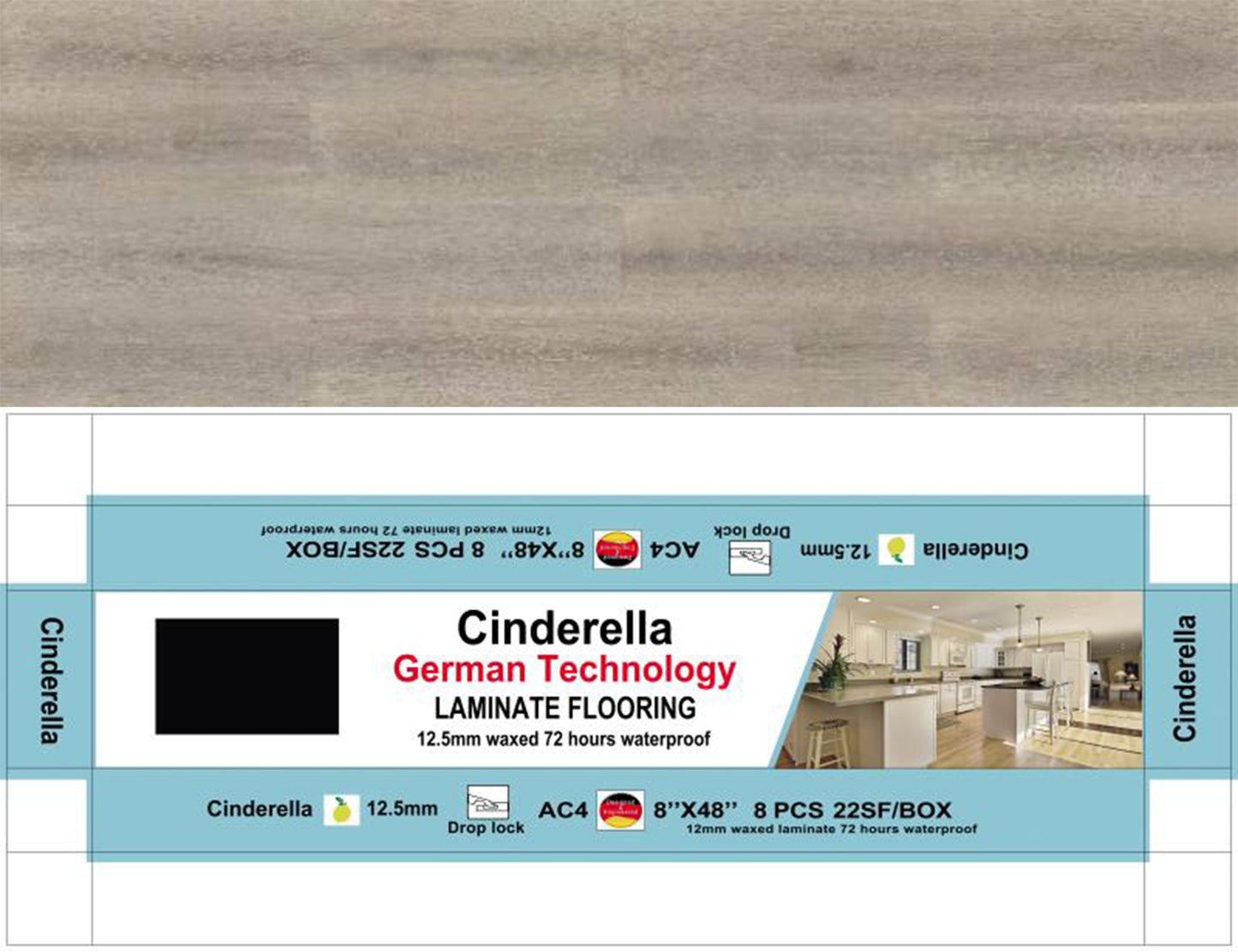 CINDERELLA 12.5mm Laminate Flooring Wax Seal 1220X198X12MM (48"x8") MDF+ AC4 8PCS/BOX 22SF/BOX $1.19/SF BULK DEAL 1000SF+ $1.15/SF