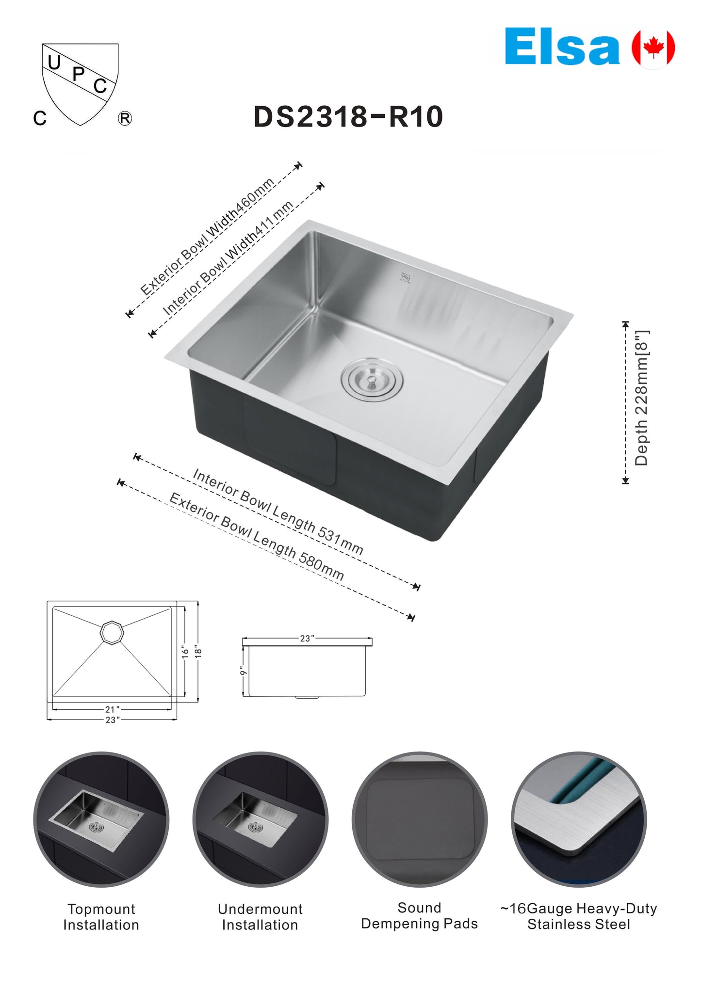 *PROMOTION* handmade kitchen sink DS2318-R10 undermount single bowl 16 gauged (drains not included)590x460x228mm (23-1/4"x18"x9") inside 21.3"x16.18"x9" $99
