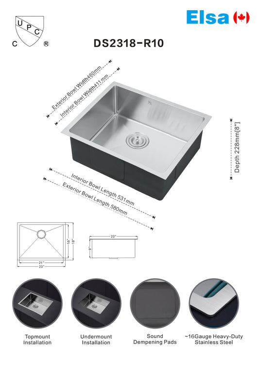 *Bulk Deal* BROWN BOX handmade kitchen sink DS2318-R10/5946 undermount single bowl 16 gauged  (include drain and strainer)590x460x228mm (23-1/4"x18"x9") inside 21.3"x16.18"x9" $129/pc bulk Deal 10pcs+ $119/pc