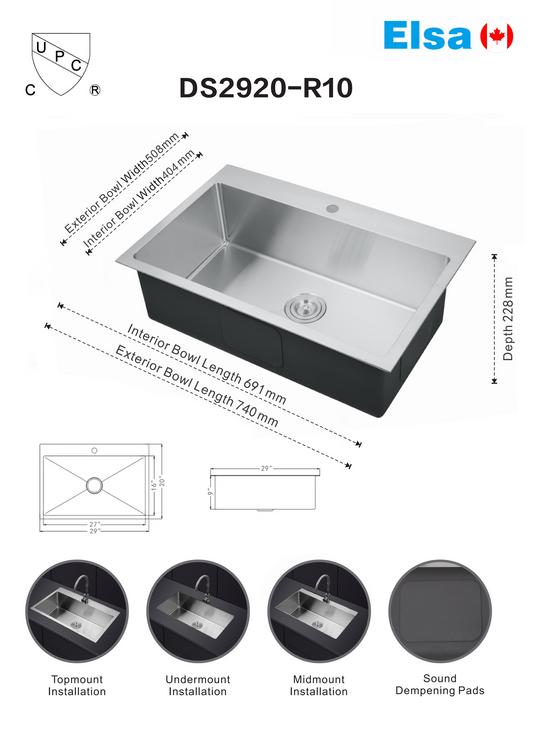 *PROMOTION* DS2920-R10 handmade kitchen sink topmount single bowl (drains not included)  740x508x228mm exterior 29"x20"x9"  $119/pc