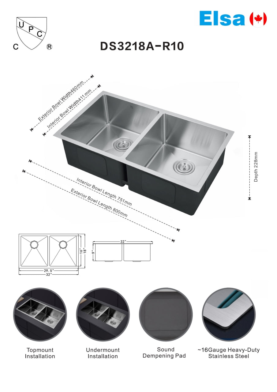 BROWN BOX 10" deep DS3218A-R10/8046  handmade kitchen sink undermount double bowl 16 gauged (include drain) 800x460x250mm (31-1/2"x18"x10") inside 29-1/2"x16.18"x10" $149/PC