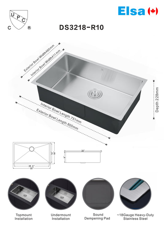 *PROMOTION* DS3218-R10  handmade kitchen sink undermount single bowl 16 gauged(drains not included)800x460x228mm (31-1/2"x18"x9") inside 29-1/2"x16.18"x9" $119/PC
