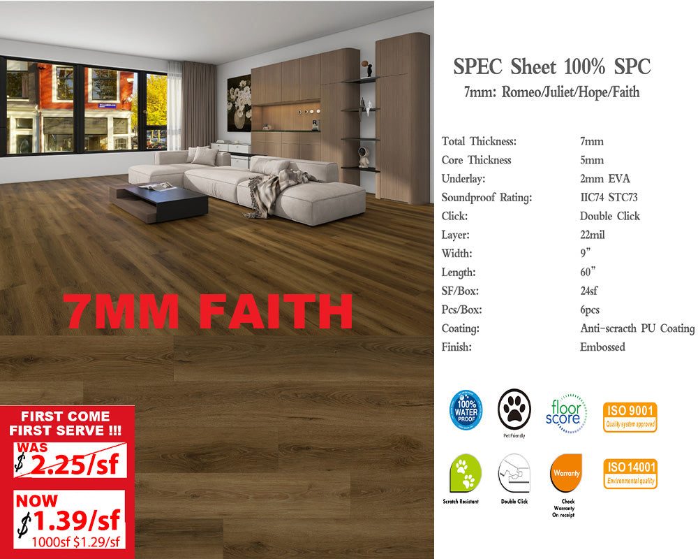 Flyer 2025 7mm F7MM A+ Was $2.25/sf Now $1.39/sf 1000sf+ $1.29/sf  SPC FLOORING Waterproof Luxury Vinyl 60"x 9" (4.5mm+2.5mm) Pad 6pcs/box 24SF/BOX