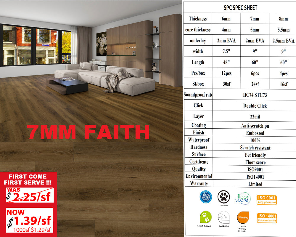 2025 7mm F7MM A+ Was $2.25/sf Now $1.39/sf 1000sf+ $1.29/sf  SPC FLOORING Luxury Vinyl 60"x 9" (4.5mm+2.5mm) Pad 6pcs/box 24SF/BOX