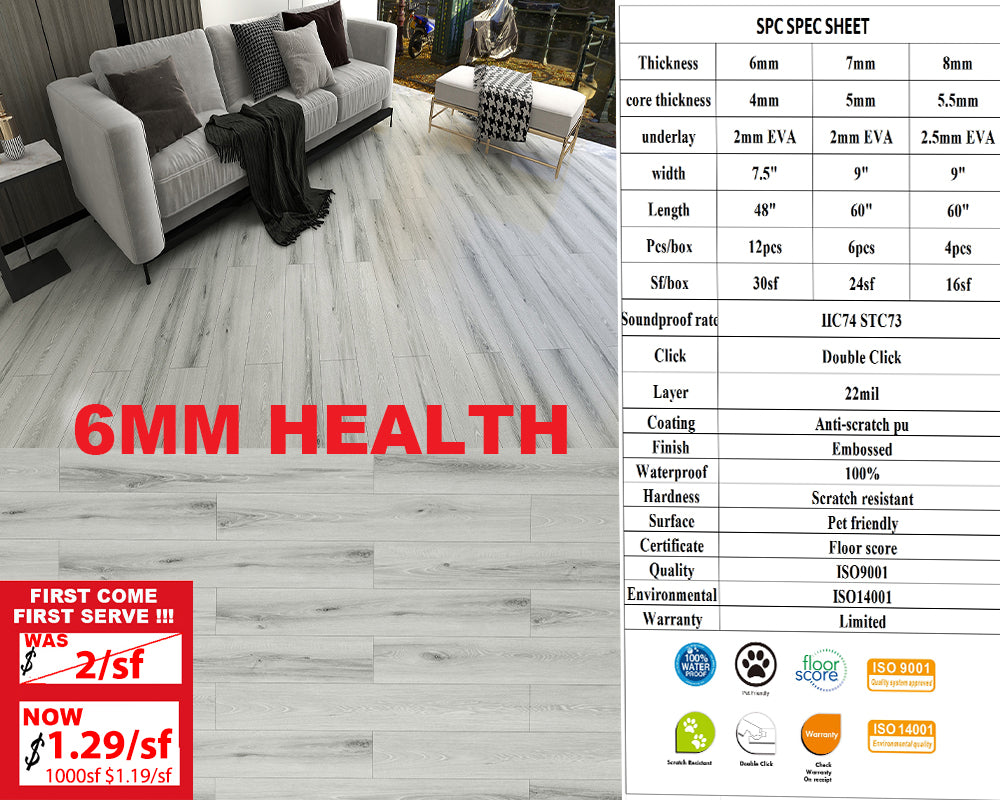 6mm H6MM A+ Was $2/sf Now $1.29/sf 1000sf+ $1.19/sf SPC FLOORING Luxury Vinyl with pad 1220x184x4mm+2mm Pad 30sf/box