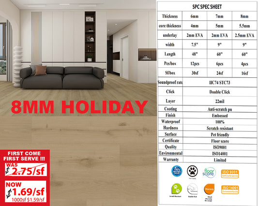 8mm HO8MM A+ Was $2.75/sf Now $1.69/sf 1000sf+ $1.59/sf  SPC FLOORING Luxury Luxury Vinyl 60"x 9 " (5.5mm+2.5mm) Pad  16SF/BOX