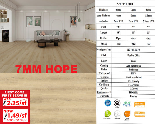 2025 7mm H7MM A+ Was $2.25/sf Now $1.49/sf 1000sf+ $1.39/sf  SPC FLOORING Luxury Vinyl 60"x 9" (4.5mm+2.5mm) Pad 6pcs/box 24SF/BOX