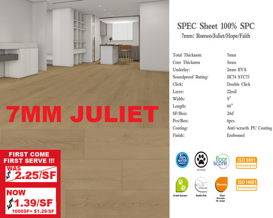 2025 7mm J7MM A+ Was $2.25/sf Now $1.39/sf 1000sf+ $1.29/sf  SPC FLOORING Vinyl 60"x 9" (4.5mm+2.5mm) Pad 6pcs/box 24SF/BOX