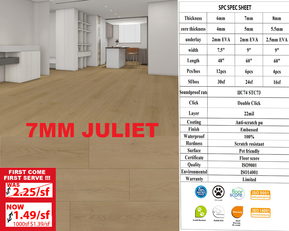 2025 7mm J7MM A+ Was $2.25/sf Now $1.49/sf 1000sf+ $1.39/sf  SPC FLOORING Vinyl 60"x 9" (4.5mm+2.5mm) Pad 6pcs/box 24SF/BOX