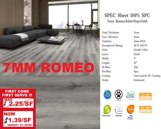 2025 7MM R7MM A+ Was $2.25/sf Now $1.39/sf 1000sf+ $1.29/sf  SPC FLOORING Vinyl 60"x 9 " (4.5mm+2.5mm) Pad 6pcs/box 24SF/BOX