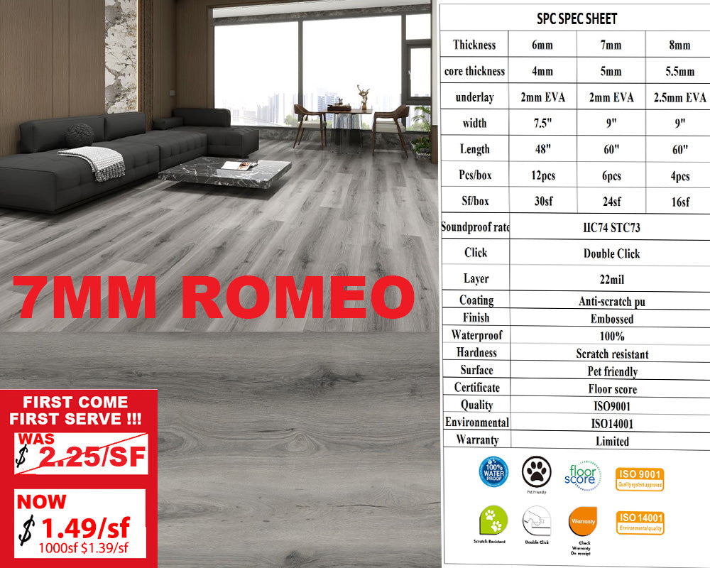 2025 7MM R7MM A+ Was $2.25/sf Now $1.49/sf 1000sf+ $1.39/sf  SPC FLOORING Vinyl 60"x 9 " (4.5mm+2.5mm) Pad 6pcs/box 24SF/BOX