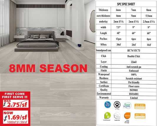 8mm S8MM A+ Was $2.75/sf Now $1.69/sf 1000sf+ $1.59/sf  SPC FLOORING Luxury Vinyl 60"x 9 " (5.5mm+2.5mm) Pad  16SF/BOX